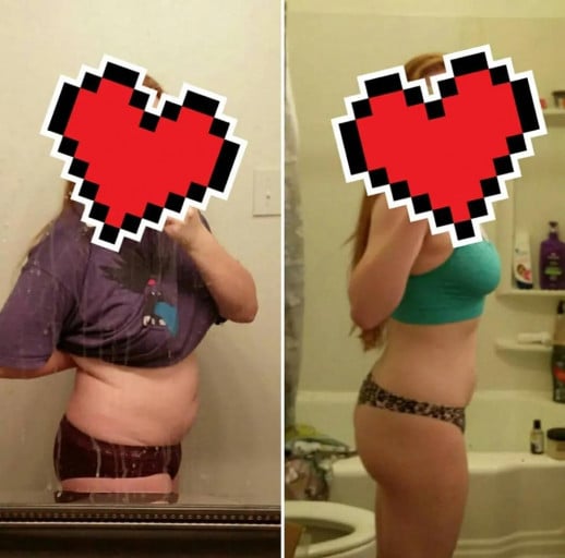 A before and after photo of a 5'1" female showing a weight reduction from 160 pounds to 120 pounds. A respectable loss of 40 pounds.