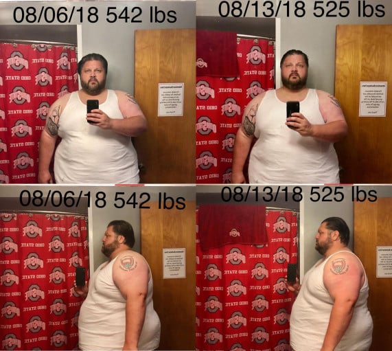 A progress pic of a 6'1" man showing a fat loss from 542 pounds to 525 pounds. A net loss of 17 pounds.