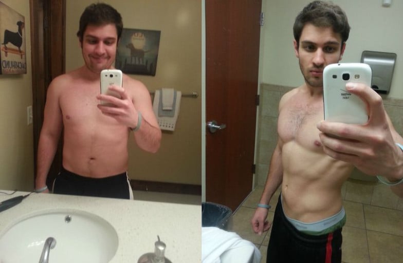 A progress pic of a 5'7" man showing a fat loss from 180 pounds to 150 pounds. A net loss of 30 pounds.