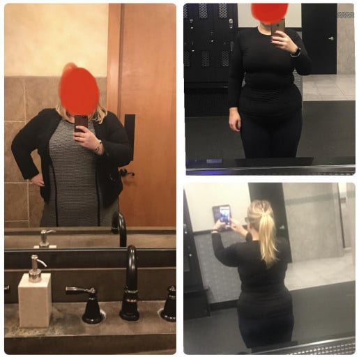 A before and after photo of a 5'3" female showing a weight reduction from 325 pounds to 207 pounds. A total loss of 118 pounds.