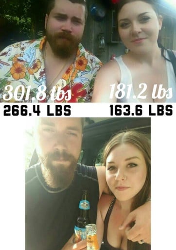 My husband M/30/6'3" [301.8 > 266.4 = 35.4] and I F/22/5'5" [181.2 > 163.6 = 17.6] have lost 53 pounds together since May 12th of this year! Just a face comparison, hopefully more pictures to come in the future!