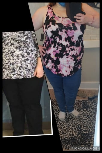 A photo of a 5'3" woman showing a weight cut from 305 pounds to 260 pounds. A respectable loss of 45 pounds.