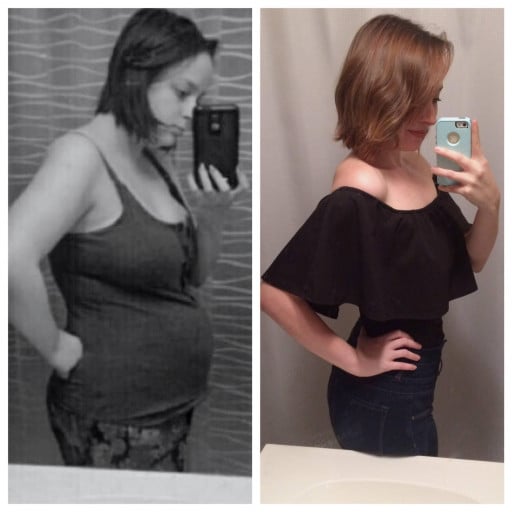 A picture of a 5'6" female showing a weight loss from 200 pounds to 124 pounds. A respectable loss of 76 pounds.