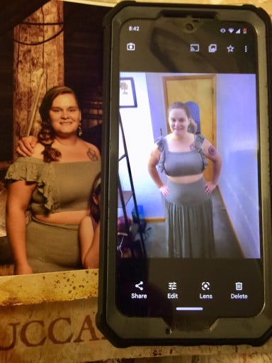 A photo of a 5'6" woman showing a weight cut from 265 pounds to 180 pounds. A respectable loss of 85 pounds.