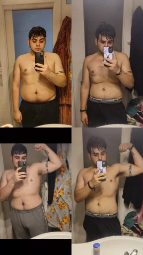 A before and after photo of a 5'10" male showing a weight reduction from 258 pounds to 202 pounds. A net loss of 56 pounds.