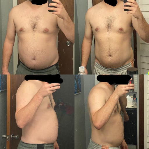 A progress pic of a 5'11" man showing a fat loss from 210 pounds to 198 pounds. A net loss of 12 pounds.