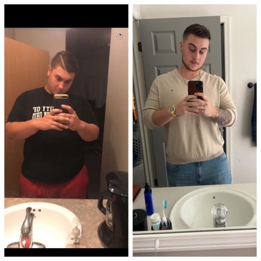 A picture of a 6'0" male showing a weight loss from 352 pounds to 265 pounds. A total loss of 87 pounds.