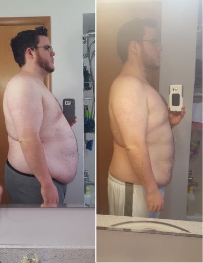 A picture of a 6'2" male showing a weight reduction from 360 pounds to 300 pounds. A net loss of 60 pounds.