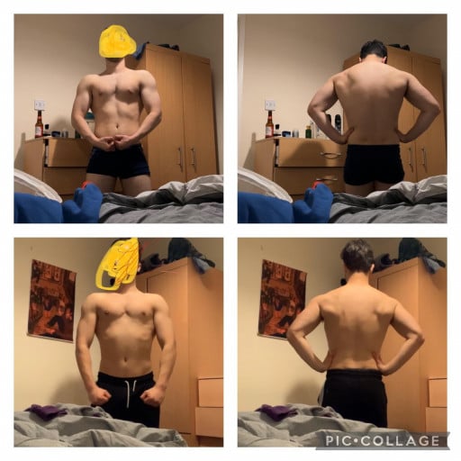 A progress pic of a 5'8" man showing a muscle gain from 143 pounds to 154 pounds. A net gain of 11 pounds.