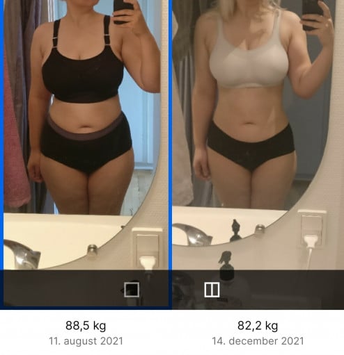 Before and After 14 lbs Fat Loss 5'7 Female 195 lbs to 181 lbs