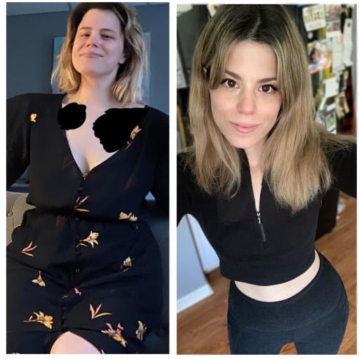 A before and after photo of a 5'5" female showing a weight reduction from 170 pounds to 120 pounds. A respectable loss of 50 pounds.
