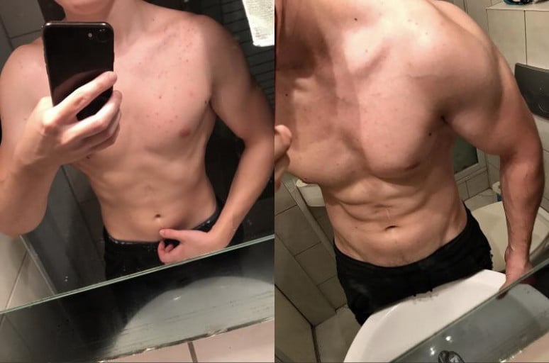 A progress pic of a 5'7" man showing a weight gain from 138 pounds to 160 pounds. A net gain of 22 pounds.