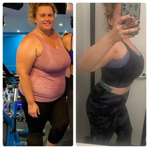 A before and after photo of a 5'8" female showing a weight reduction from 296 pounds to 226 pounds. A total loss of 70 pounds.