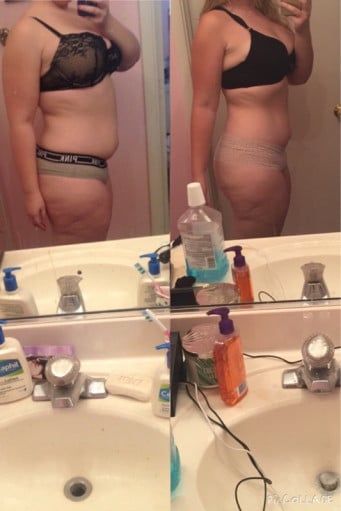 A picture of a 5'6" female showing a weight loss from 221 pounds to 186 pounds. A net loss of 35 pounds.