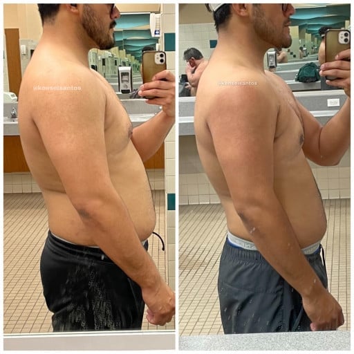 A progress pic of a 5'10" man showing a fat loss from 220 pounds to 209 pounds. A respectable loss of 11 pounds.
