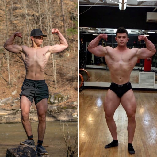 A before and after photo of a 5'11" male showing a weight bulk from 150 pounds to 196 pounds. A respectable gain of 46 pounds.