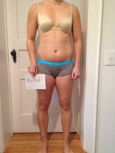 A before and after photo of a 5'3" female showing a snapshot of 130 pounds at a height of 5'3