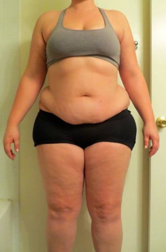 A before and after photo of a 5'11" female showing a snapshot of 282 pounds at a height of 5'11