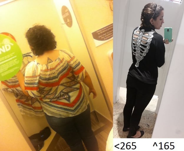 A picture of a 5'6" female showing a fat loss from 265 pounds to 165 pounds. A respectable loss of 100 pounds.