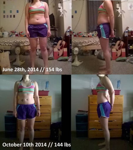 A photo of a 5'5" woman showing a weight cut from 154 pounds to 143 pounds. A respectable loss of 11 pounds.