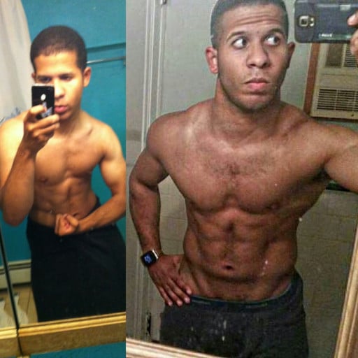 A progress pic of a 5'10" man showing a weight bulk from 160 pounds to 175 pounds. A respectable gain of 15 pounds.