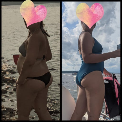 A before and after photo of a 5'5" female showing a weight reduction from 182 pounds to 162 pounds. A net loss of 20 pounds.
