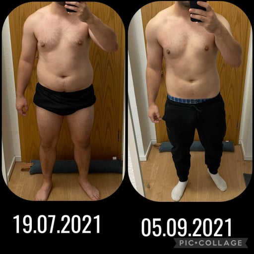 A progress pic of a 5'8" man showing a fat loss from 220 pounds to 197 pounds. A total loss of 23 pounds.