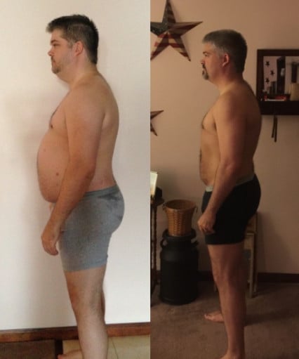 A progress pic of a 6'1" man showing a weight reduction from 270 pounds to 215 pounds. A net loss of 55 pounds.