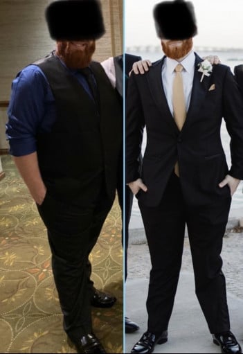 A picture of a 6'0" male showing a weight loss from 350 pounds to 210 pounds. A respectable loss of 140 pounds.