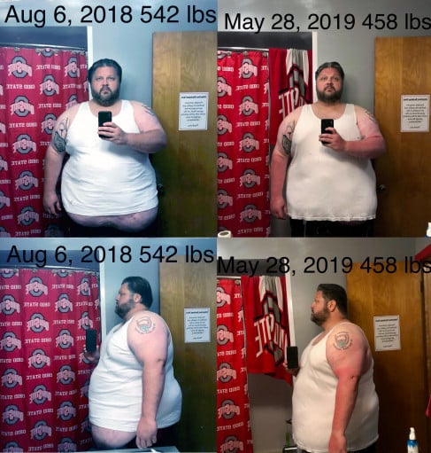 A photo of a 6'1" man showing a weight cut from 542 pounds to 458 pounds. A respectable loss of 84 pounds.