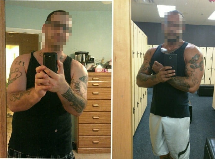 A picture of a 6'0" male showing a weight loss from 265 pounds to 210 pounds. A respectable loss of 55 pounds.