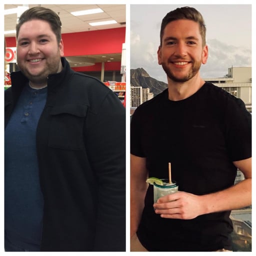 A progress pic of a 5'10" man showing a fat loss from 345 pounds to 165 pounds. A respectable loss of 180 pounds.