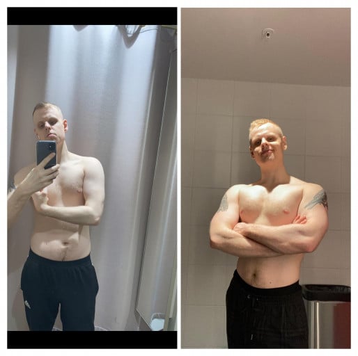 A progress pic of a 5'11" man showing a weight bulk from 167 pounds to 177 pounds. A net gain of 10 pounds.