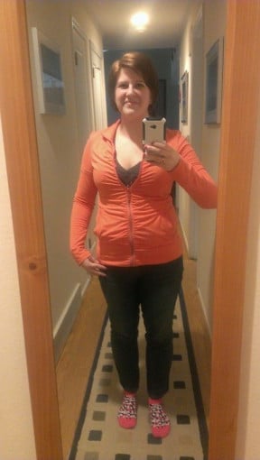 A progress pic of a 5'3" woman showing a weight reduction from 165 pounds to 143 pounds. A net loss of 22 pounds.