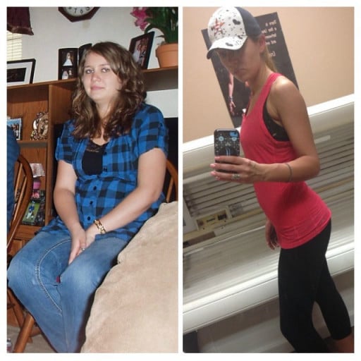 A before and after photo of a 5'4" female showing a weight cut from 156 pounds to 114 pounds. A net loss of 42 pounds.
