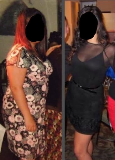 A photo of a 5'5" woman showing a weight loss from 213 pounds to 138 pounds. A net loss of 75 pounds.