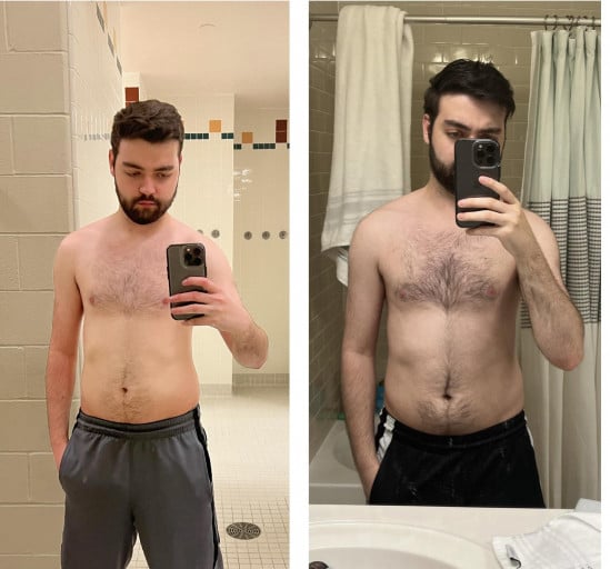 A before and after photo of a 5'9" male showing a muscle gain from 144 pounds to 151 pounds. A respectable gain of 7 pounds.