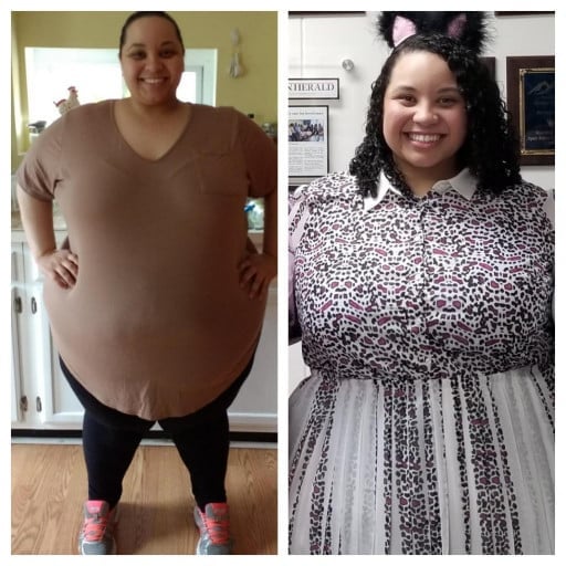 A before and after photo of a 5'3" female showing a weight reduction from 443 pounds to 349 pounds. A respectable loss of 94 pounds.