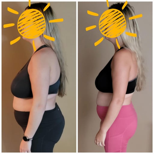 A progress pic of a 5'7" woman showing a fat loss from 194 pounds to 176 pounds. A net loss of 18 pounds.