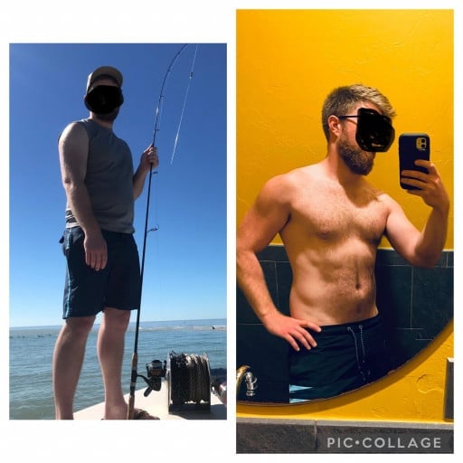 A progress pic of a 5'10" man showing a fat loss from 198 pounds to 178 pounds. A respectable loss of 20 pounds.