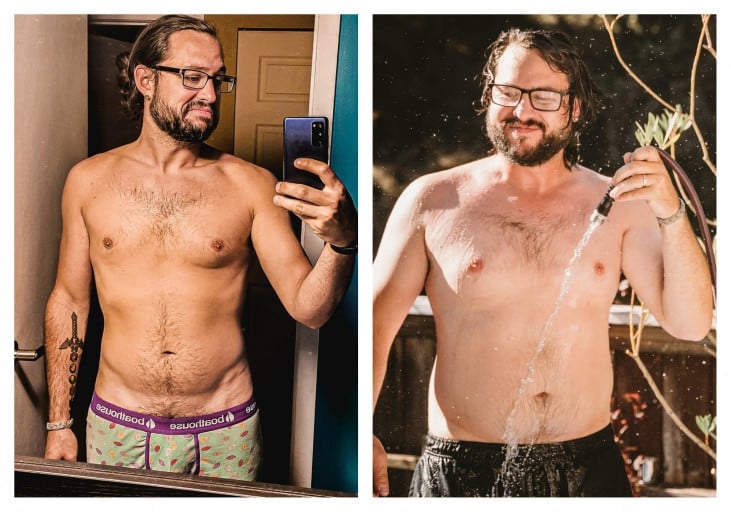 A before and after photo of a 5'11" male showing a weight reduction from 233 pounds to 185 pounds. A total loss of 48 pounds.