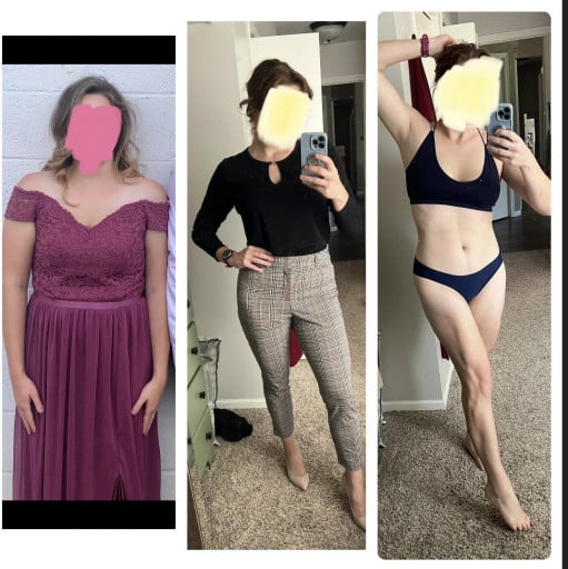 A progress pic of a 5'8" woman showing a fat loss from 182 pounds to 159 pounds. A respectable loss of 23 pounds.