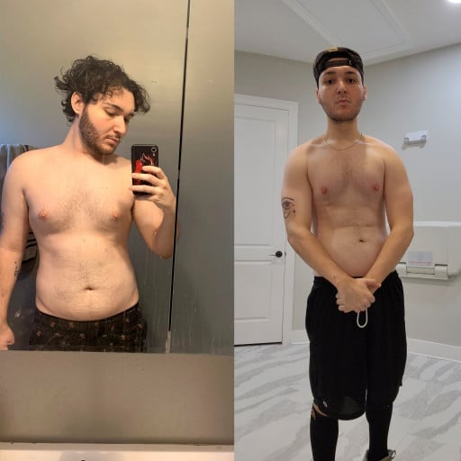 A progress pic of a 6'0" man showing a fat loss from 210 pounds to 165 pounds. A total loss of 45 pounds.