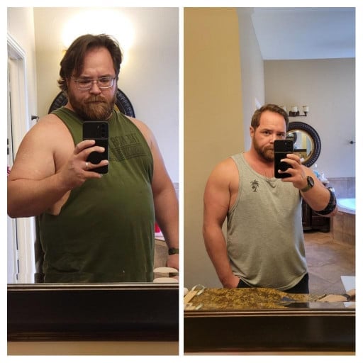 A photo of a 5'10" man showing a weight cut from 280 pounds to 235 pounds. A net loss of 45 pounds.