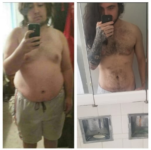 A before and after photo of a 5'11" male showing a weight reduction from 345 pounds to 185 pounds. A total loss of 160 pounds.