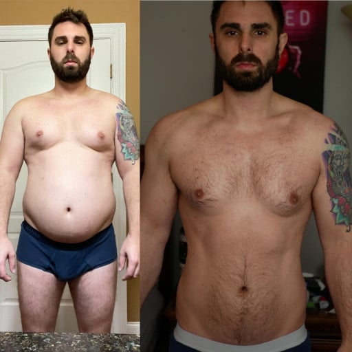 A progress pic of a 5'8" man showing a fat loss from 210 pounds to 169 pounds. A net loss of 41 pounds.