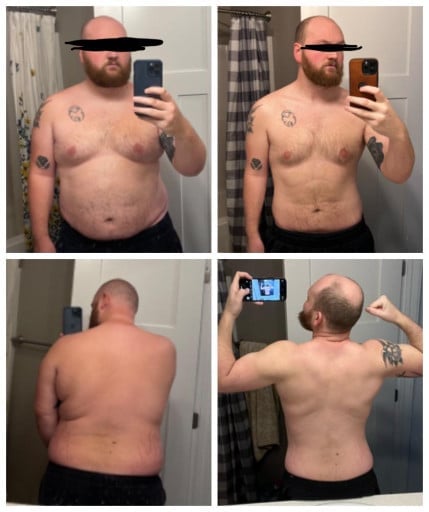 A picture of a 5'11" male showing a weight loss from 302 pounds to 217 pounds. A total loss of 85 pounds.