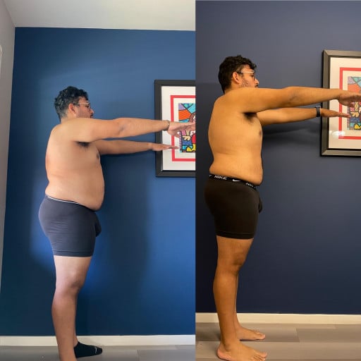 A picture of a 5'8" male showing a weight loss from 274 pounds to 233 pounds. A net loss of 41 pounds.