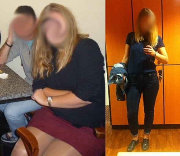 A progress pic of a 5'9" woman showing a weight reduction from 196 pounds to 156 pounds. A total loss of 40 pounds.