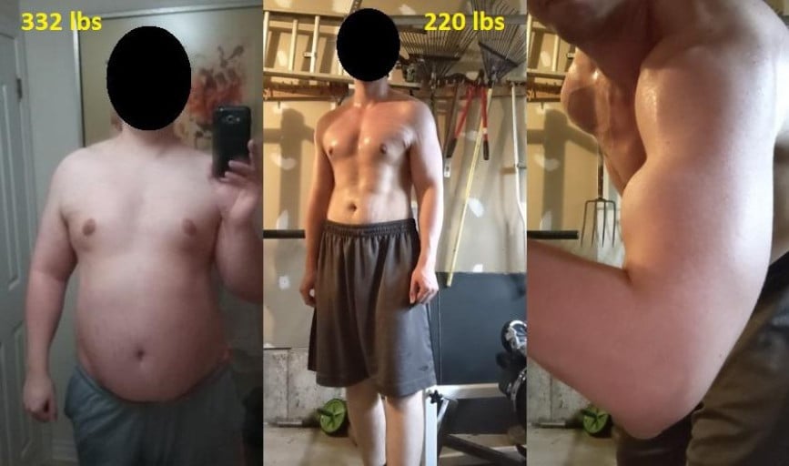 A picture of a 6'4" male showing a weight loss from 332 pounds to 220 pounds. A net loss of 112 pounds.